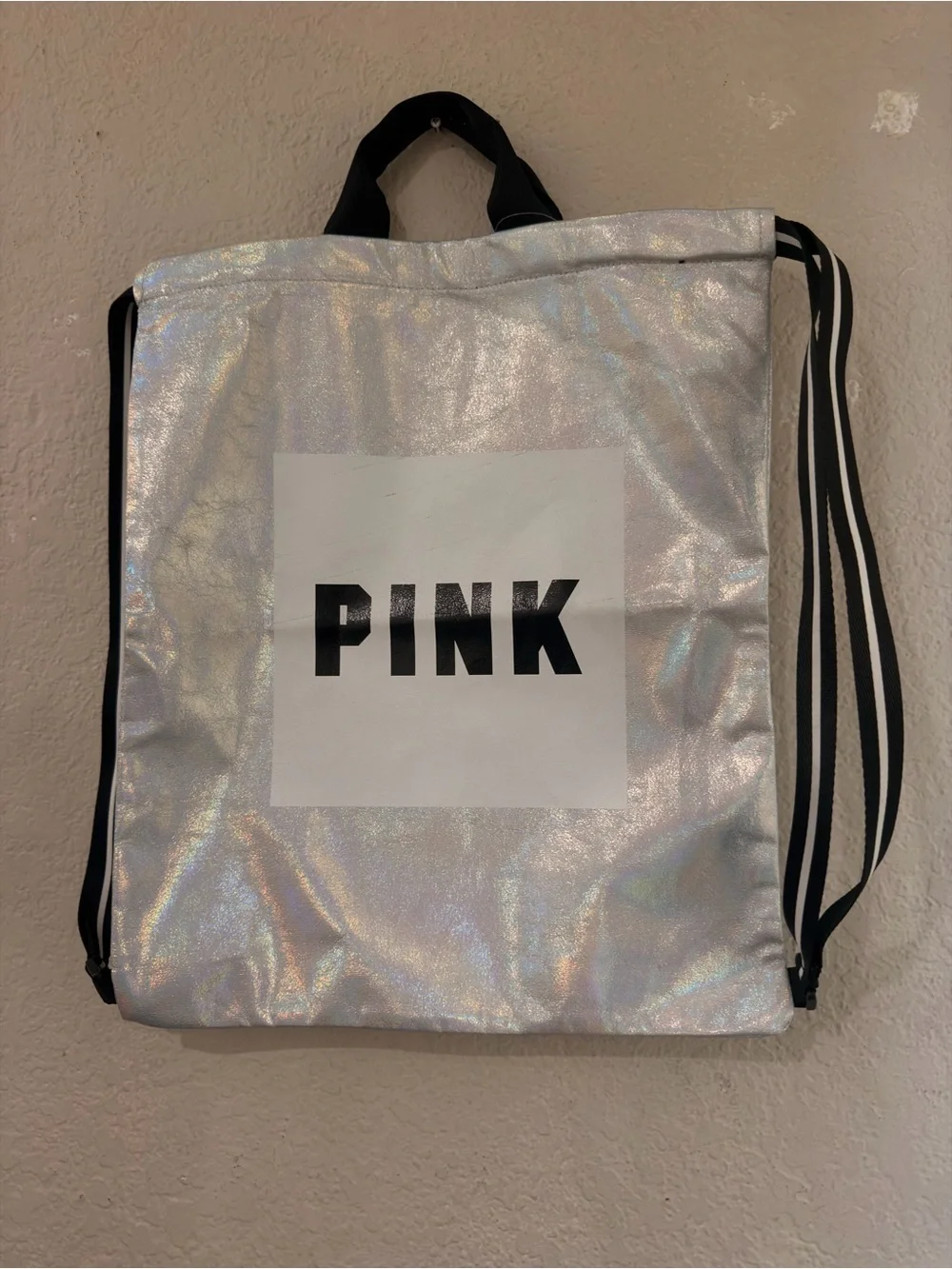 Victoria's Secret PINK Backpack Iridescent Silver Drawstring Logo Tote Bag NIP!